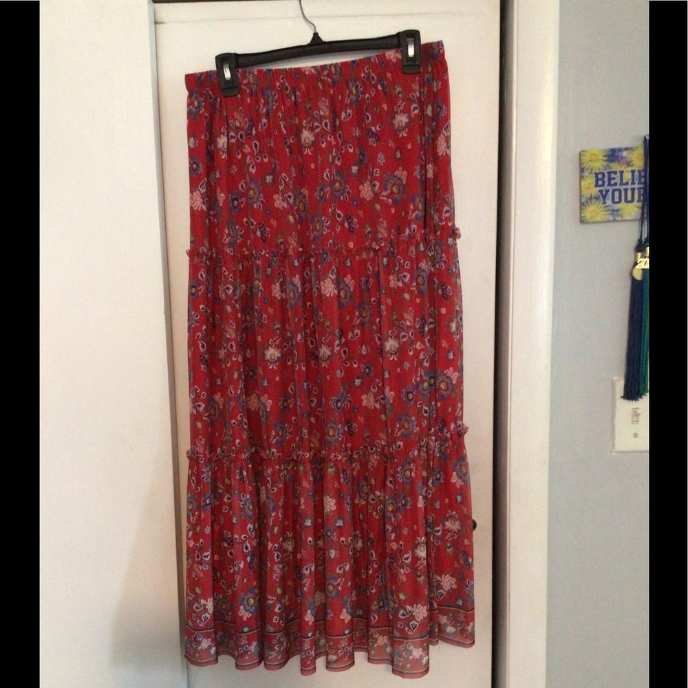 Max Studio Red Floral Tiered Maxi Skirt with Multicolor Accents